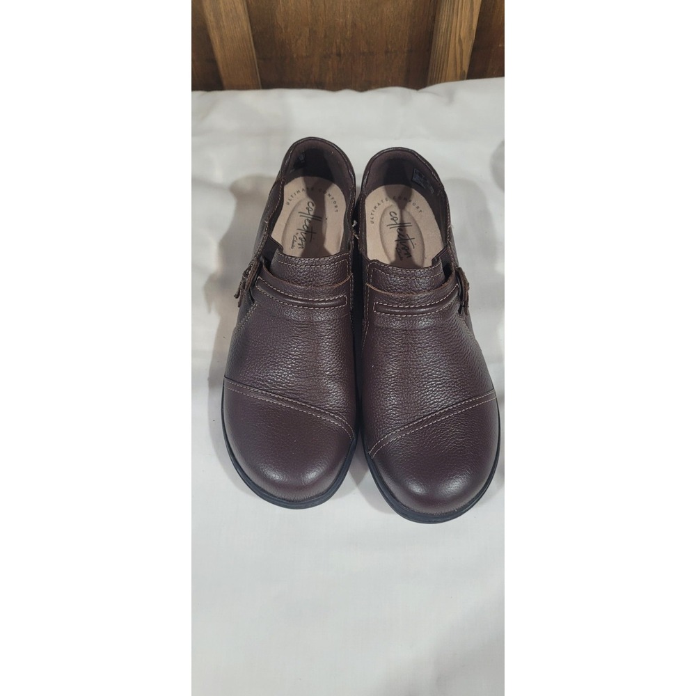 Clarks Women Cheyn Madi Dark Brown Tumbled Leather Slip On Loafers.  Size 7
